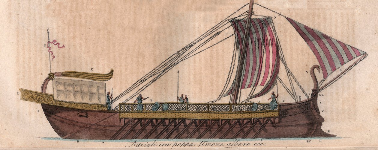 Trirème athénienne, 4ème siècle av. J.-C. (acrostolium) - Trière ou trirème - gravure de « Usi e Costumi di Tutti i Popoli dell