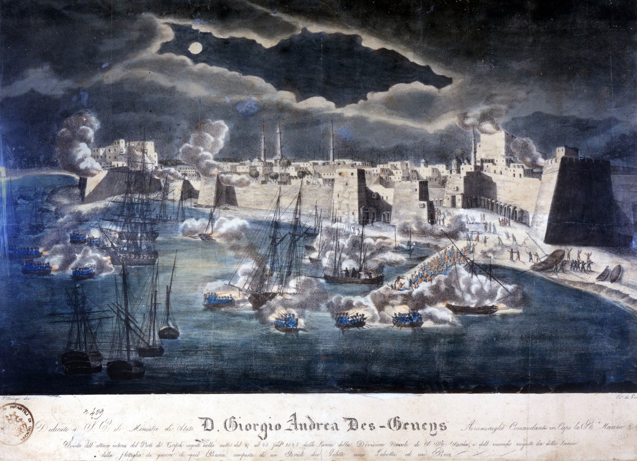Attaque par la marine sarde sur le port de Tripoli lors des opérations contre la piraterie barbaresque en 1825 - Italian School