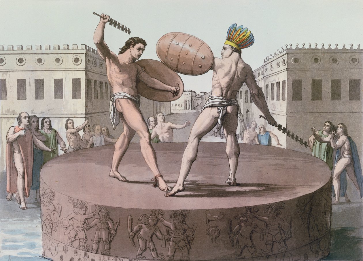 Guerriers aztèques en combat sur un Cuauhxicalli, c.1820 - Italian School