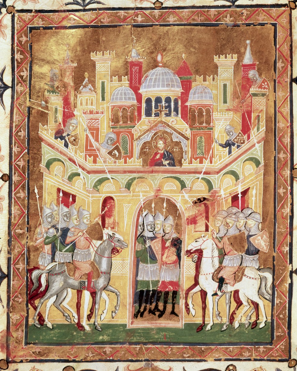 Scène de bataille aux murs de Jérusalem, de Descriptio Terrae Sanctae par Burcardus Theutonicus ou Burchard du Mont Sion - Italian School