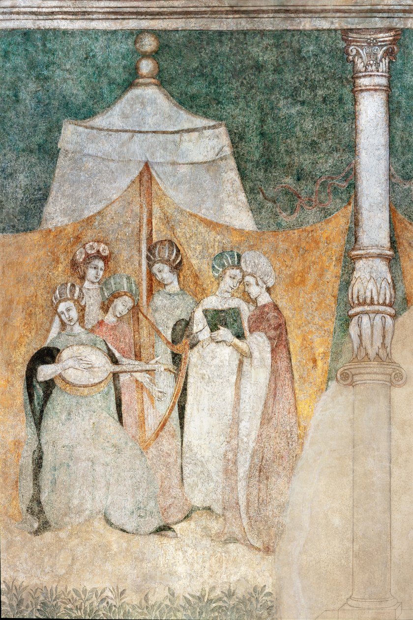 Bicocca degli Arcimboldi : fresque du 15ème siècle, détail de femmes jouant de la musique (fresque) - Italian School