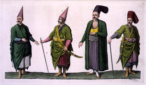 Bostandji, Khasseki et autres exemples de costumes ottomans, planche 5 de la Partie III, Volume I de 
