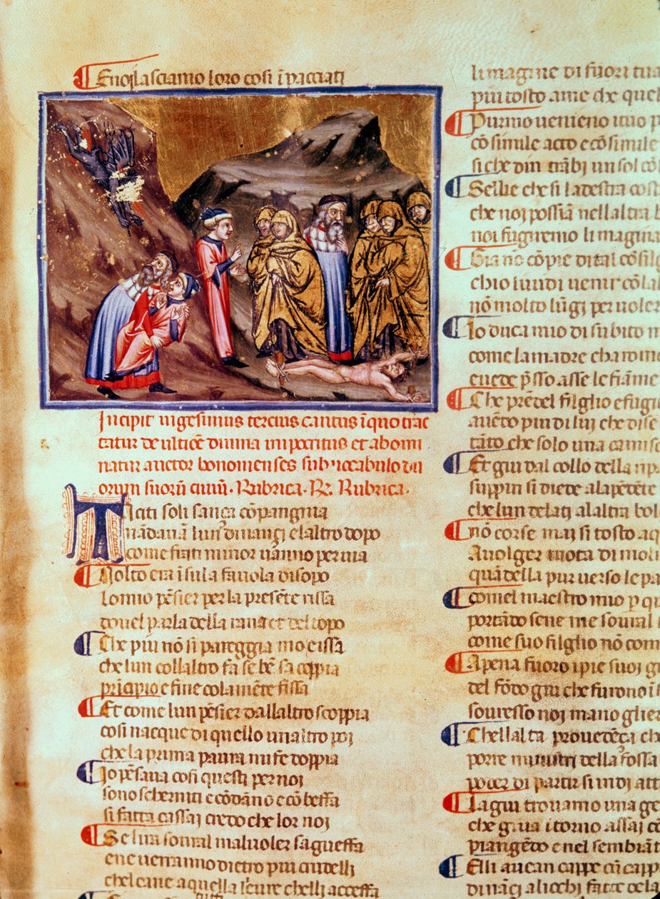 Chant XXIII Dante et Virgile dans le cercle des hypocrites, avec Caïphe crucifié au sol, de la Divine Comédie (l