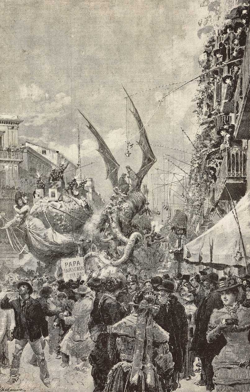 Défilé de chars pendant le dernier jour du Carnaval, Naples, Italie, gravure d