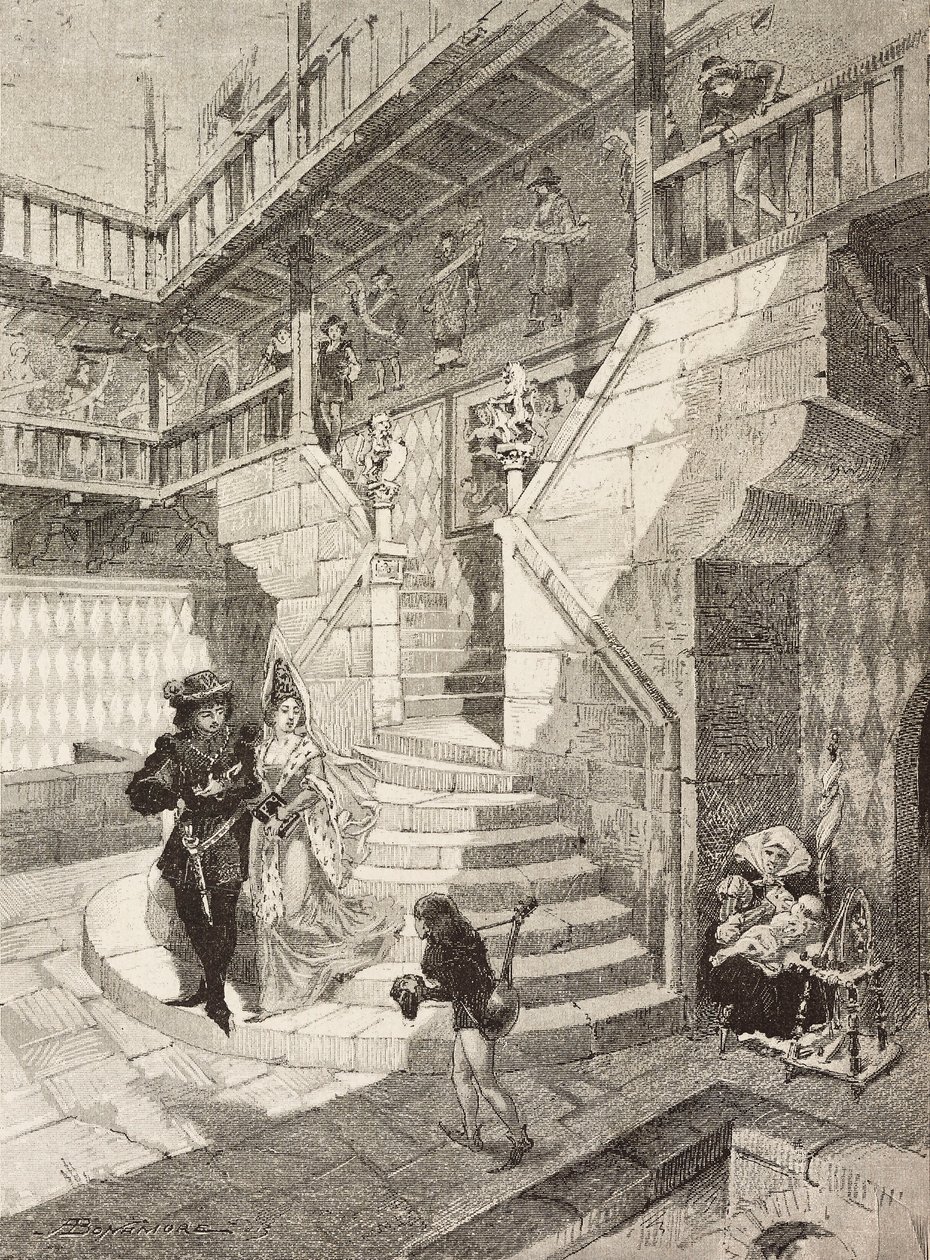 Cour de château, village médiéval à Turin, Italie, gravure par Bonamore de L