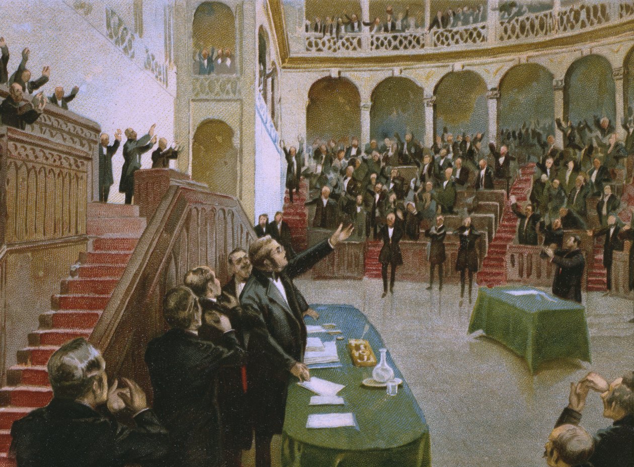Cavour fait applaudir le roi Victor Emmanuel II (1820-78) par le premier parlement national italien le 18 février 1861, illustration d