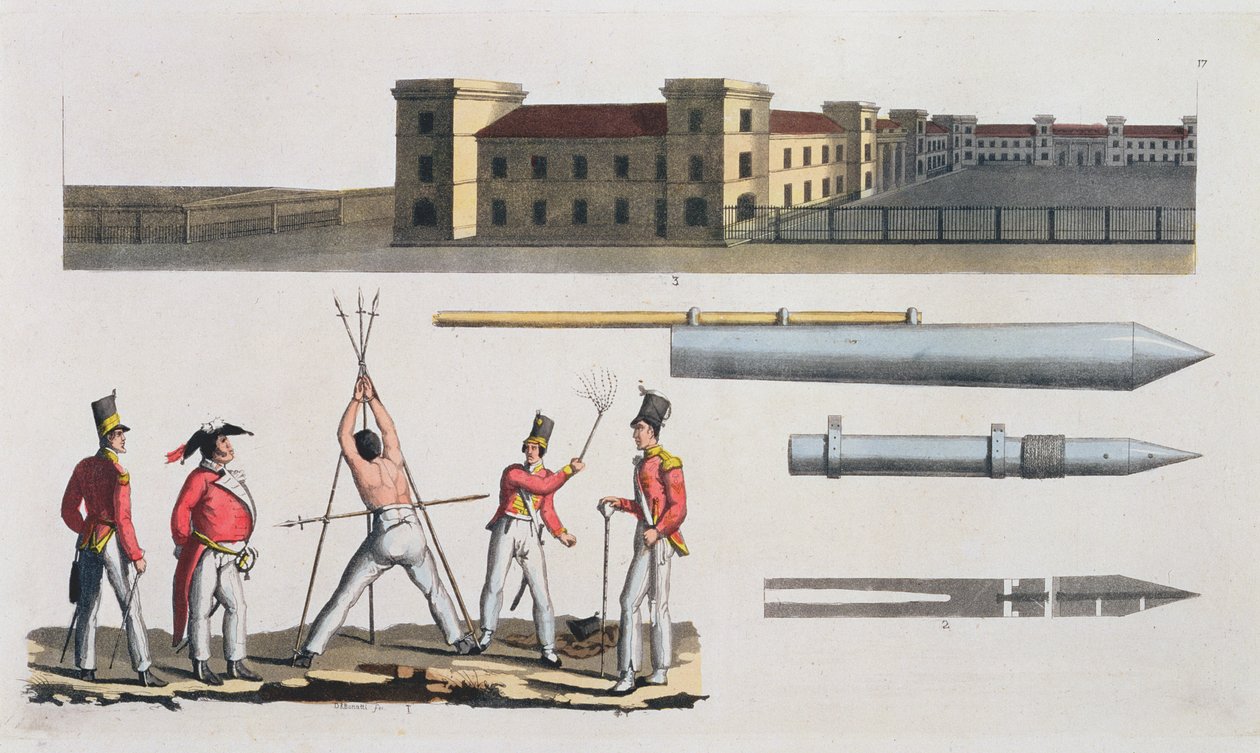 Caserne de Chatham, une punition militaire appelée le Triangle et les fusées Congreve, planche 17 de The History of the Nations - Italian School