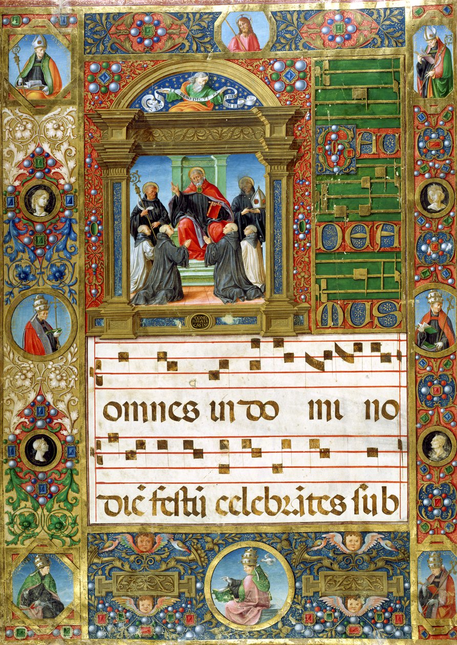 Miniature chorale avec Saint Benoît prêchant aux moines - Italian School