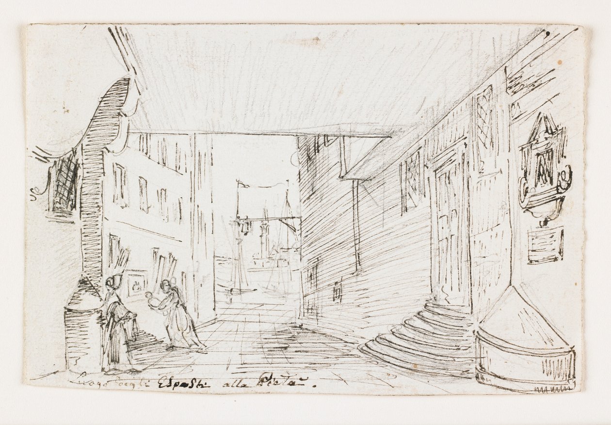Rue de la ville à Gênes, avec le phare et le port en arrière-plan, début du 19ème siècle - Italian School