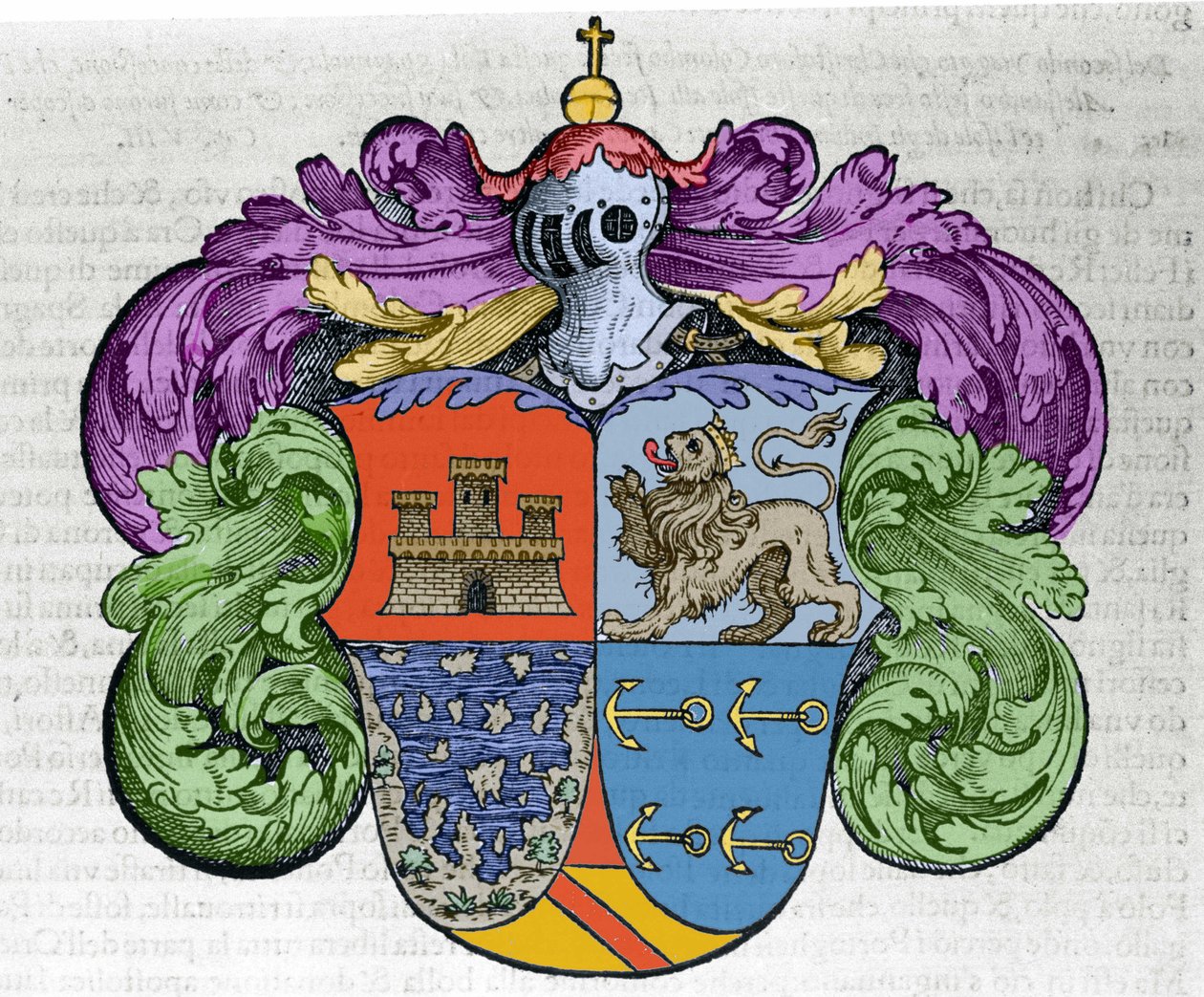 Blason du navigateur Christophe Colomb (1451-1506) : les quatre parties de l