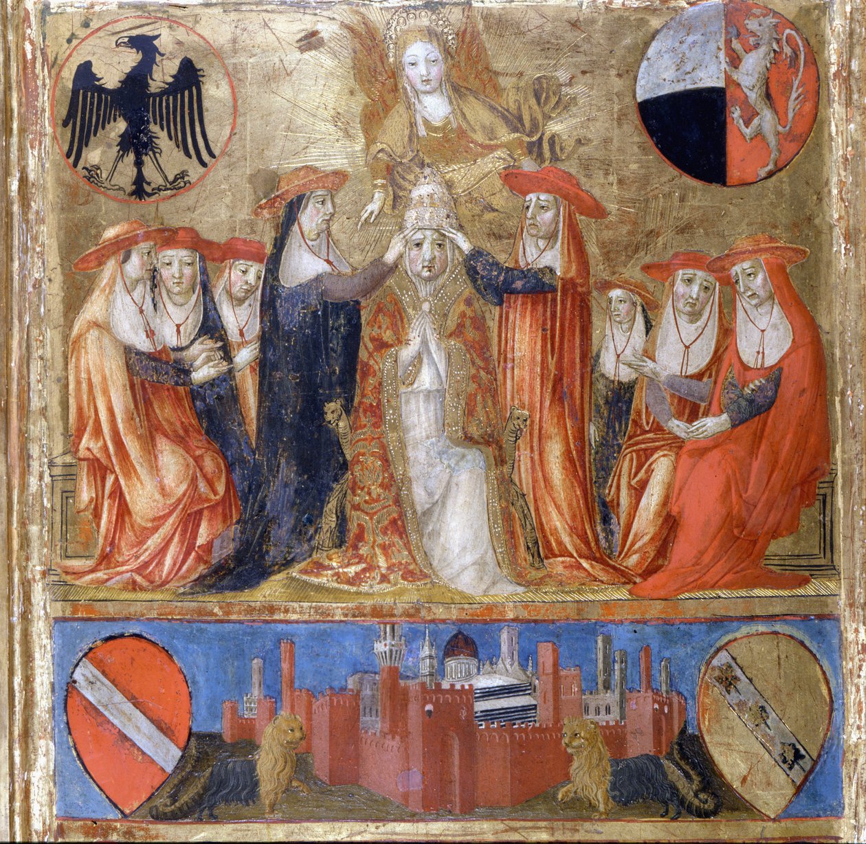 Couronnement de Pie II (Enea Silvio Piccolomini). Pape italien (1458 - 1464). En bas, la ville fortifiée de Sienne. Bicherna (couverture du registre comptable de la ville de Sienne) de 1460. Archives Nationales - Museo delle Tavolette de B - Italian School
