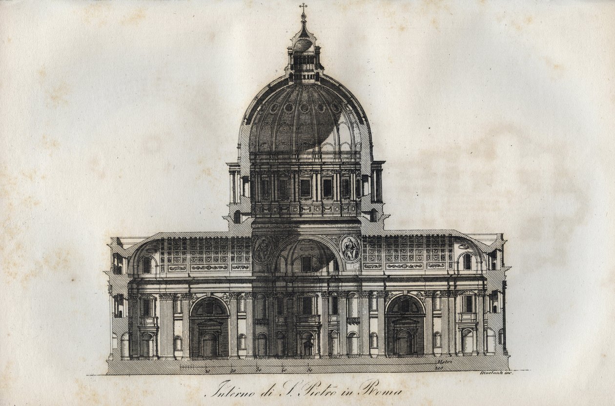 Coupe transversale de la basilique Saint-Pierre à Rome - gravure de "Usi e Costumi di Tutti i Popoli dell