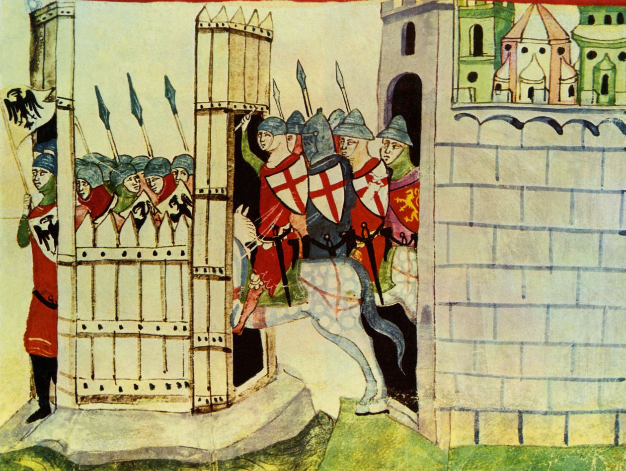 Croisés, miniature des Chroniques de Giovanni Villani, 14e siècle - Italian School