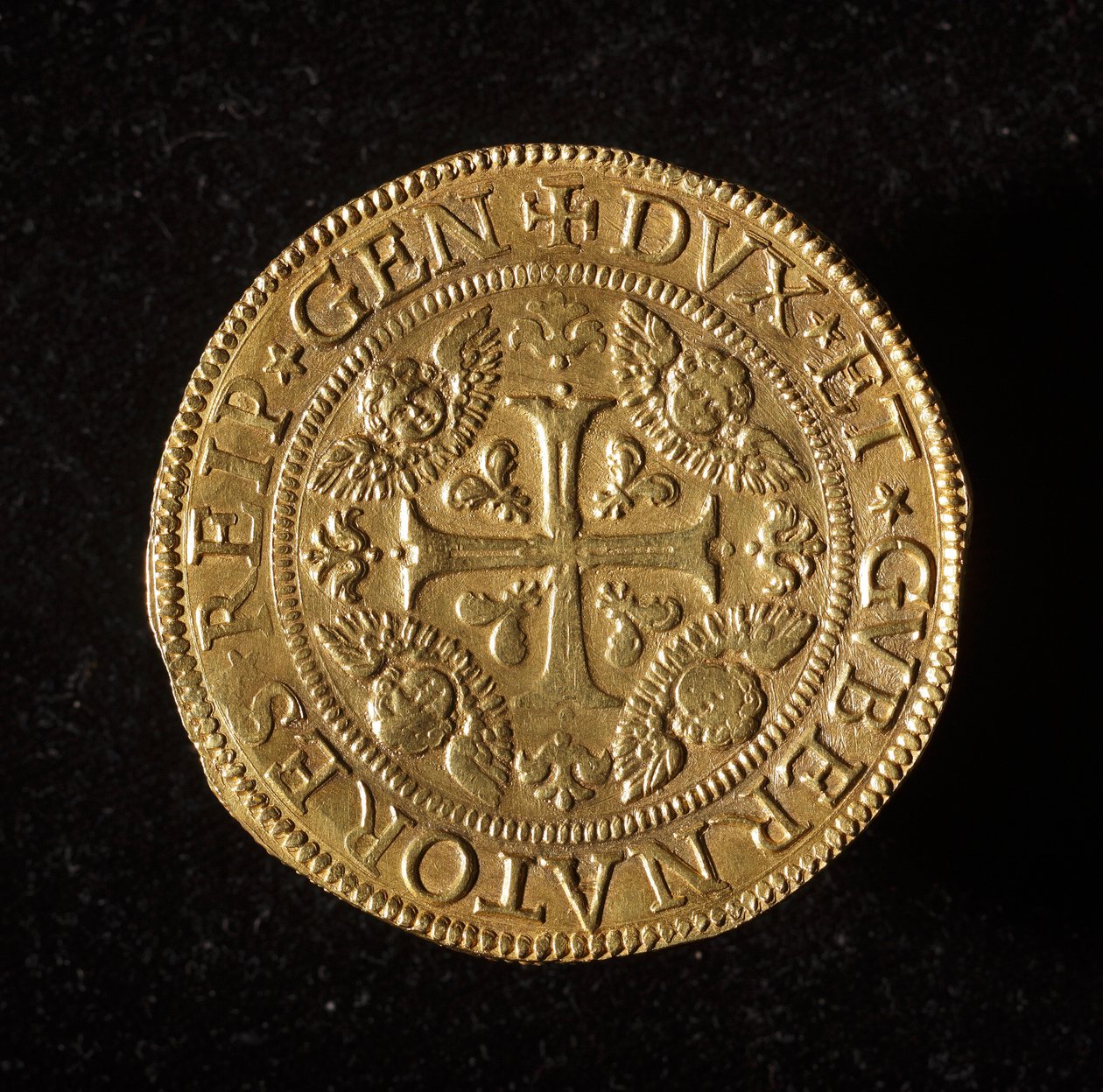 Monnaie de la République de Gênes : pièce de 12,5 doppie en or. Diam. 61 mm. 1656. recto. Gênes Musei di Strada Nuova (inv. 6456) - Italian School