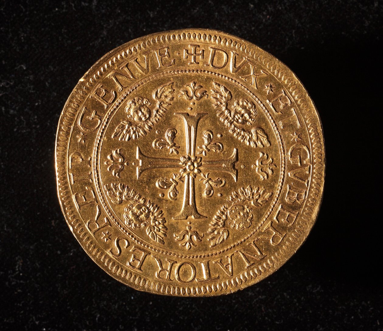 Monnaie de la République de Gênes : pièce de 25 doppie en or. Diam. 52,5 mm. 1694. Recto. Gênes Musei di Strada Nuova (inv. 6457) - Italian School