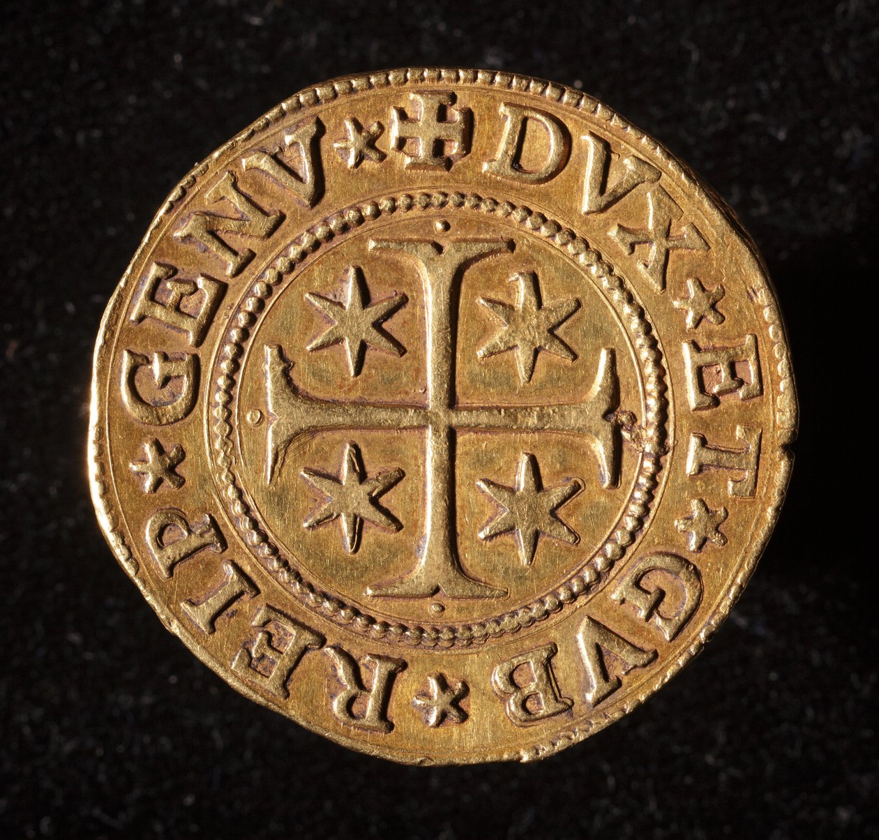 Monnaie de la République de Gênes : pièce de cinq doppie en or. Diam. 41 mm. 1642. recto. Gênes Musei di Strada Nuova - Italian School