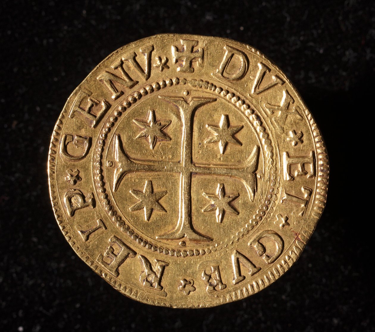 Monnaie de la République de Gênes : pièce de cinq doppie en or. Diam. 41 mm. 1652. recto. Gênes Musei di Strada Nuova - Italian School