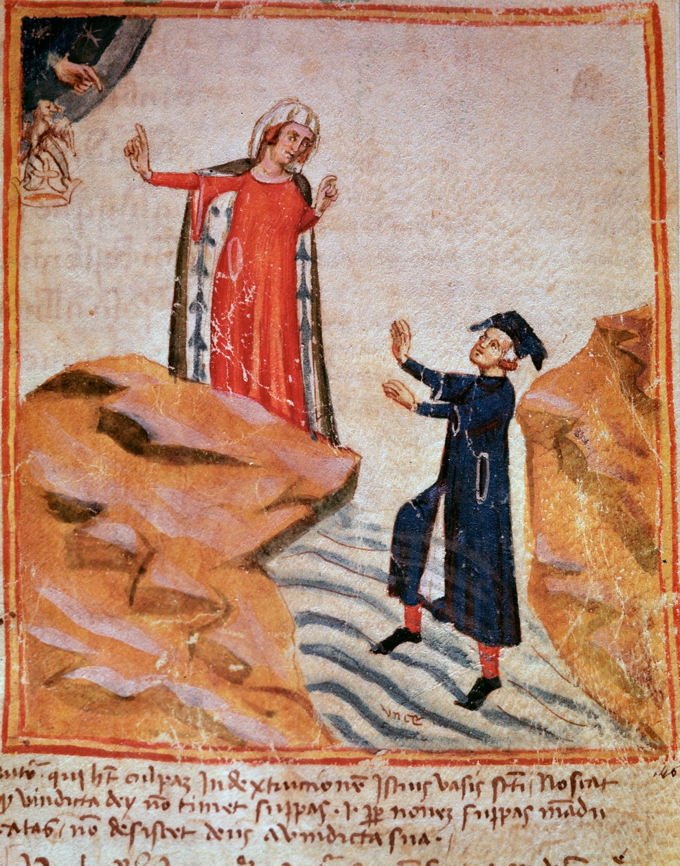 Dante rencontre Mathelda sur la rive du Léthé (chant 28 du Purgatoire, dans la Divine Comédie) - miniature - Italian School