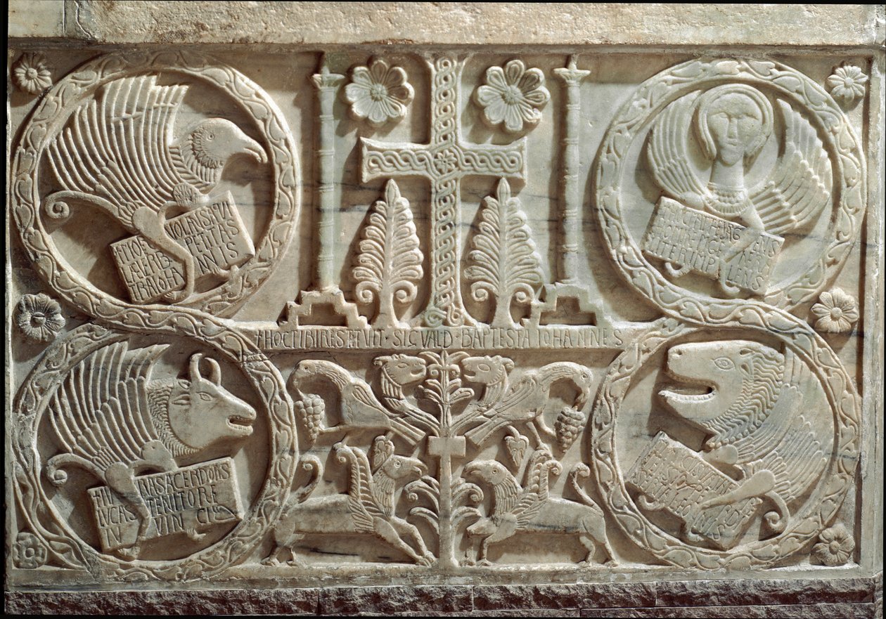 (détail) de Stuco avec les symboles des quatre évangélistes (tétramorphe) : l