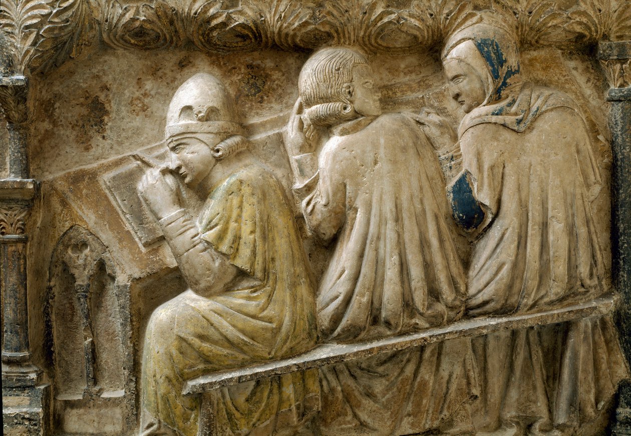 Détail représentant des étudiants suivant le cours de Bonifacio Galluzzi (Pierre tombale, vers 1346) - Italian School