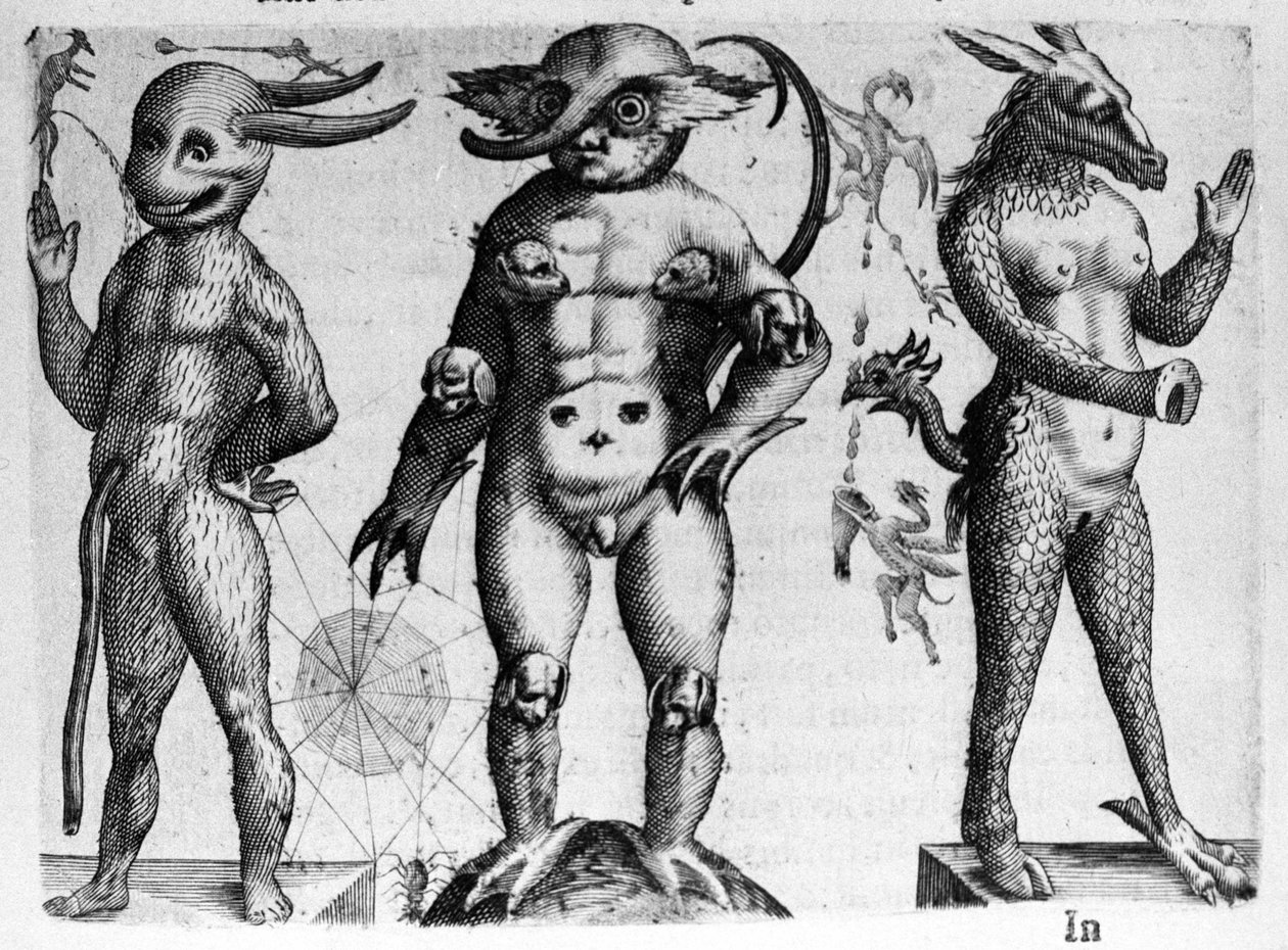 Différents types de monstres humains avec des corps mi-humains, mi-animaux. Gravure de « De monstrorum natura, causis et differentiis » par Fortunio Liceti (1577-1656), scientifique italien. 1646 - Italian School