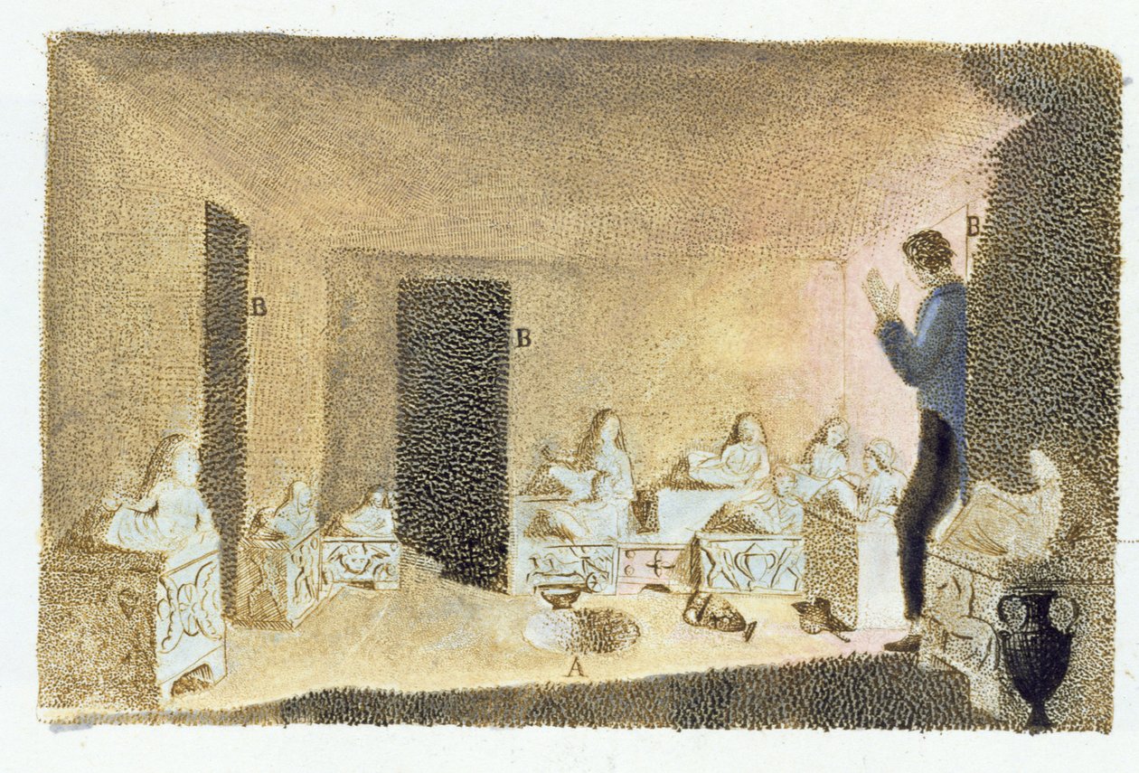 Découverte de tombes étrusques, illustration de Monumenti Etruschi par Francesco Inghirami (1772-1846), publié à Fiesole, 1825 - Italian School