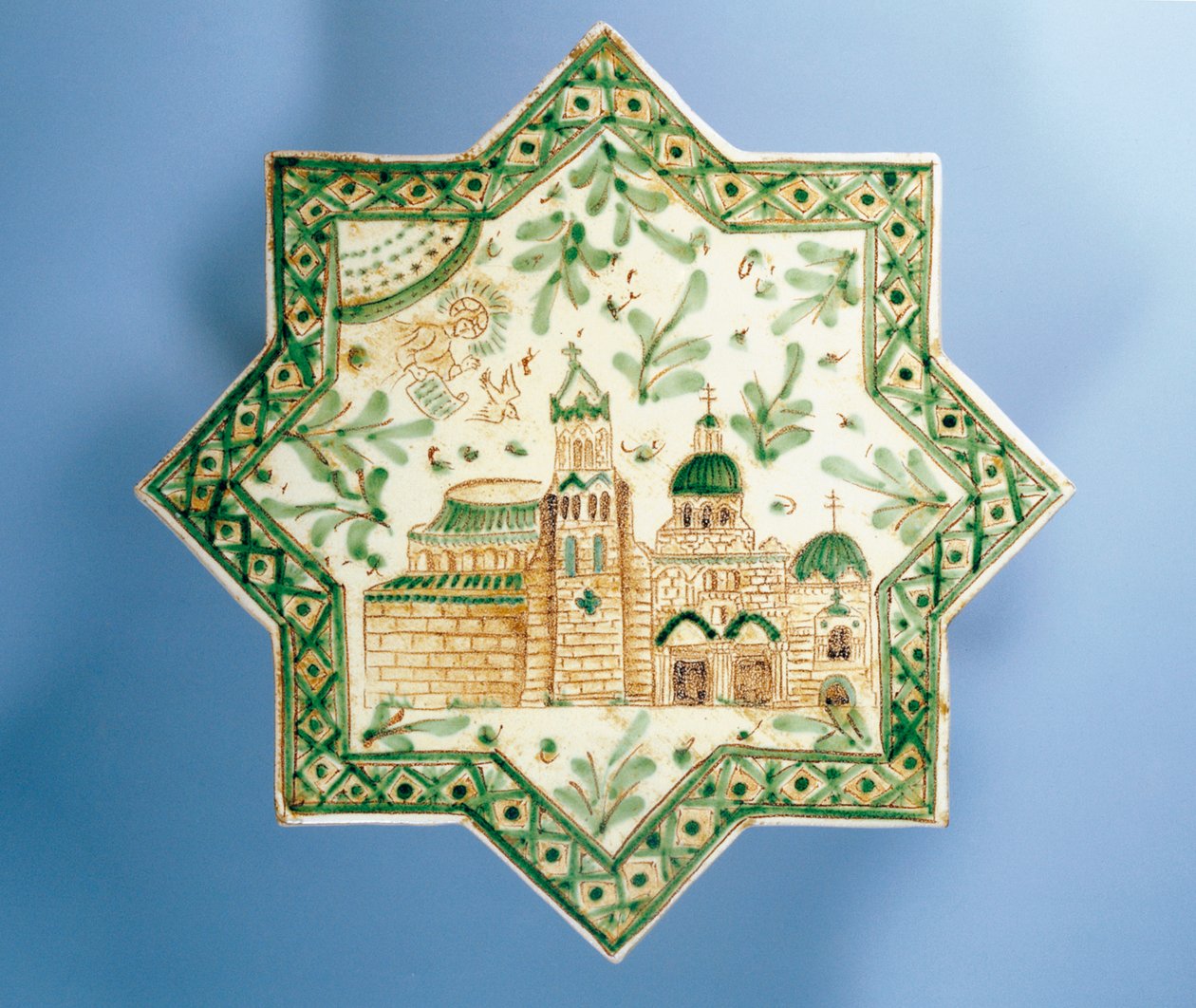 Carreau à huit pointes représentant Frédéric II sur le trône au centre, céramique décorative, manufacture Alessi, Caltagirone, Sicile, Italie, XXe siècle - Italian School