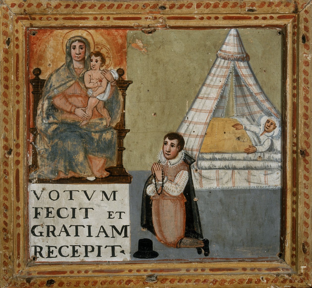 Ex-voto représentant un homme remerciant la Vierge à genoux pour avoir été guéri d