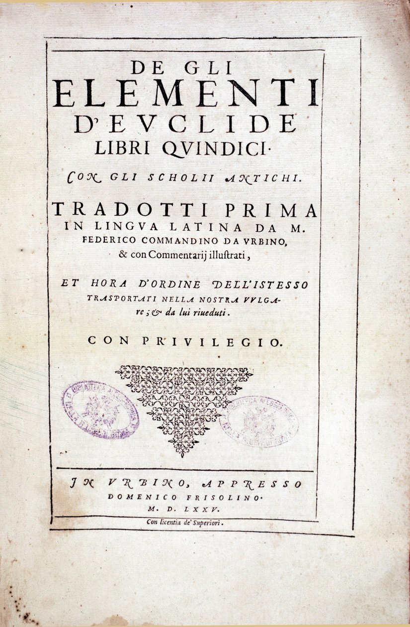 Frontispice du volume XV « Éléments » par le mathématicien grec Euclide (3e siècle av. J.-C.) - Italian School