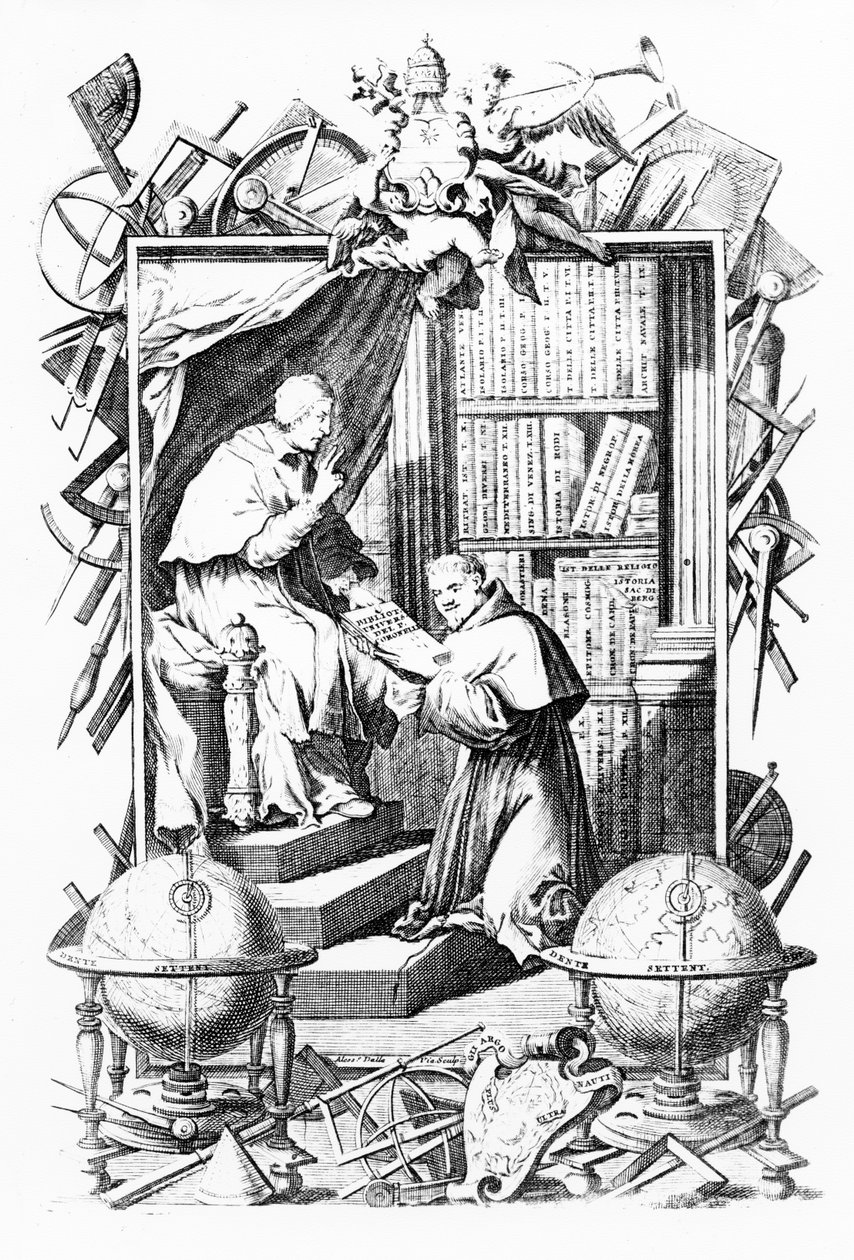 Frontispice de Biblioteca Universale Sacro-Profana, Vol. 1 par Vincenzo Coronelli, gravure réalisée par Alessandro dalla Via, publié en 1701 - Italian School