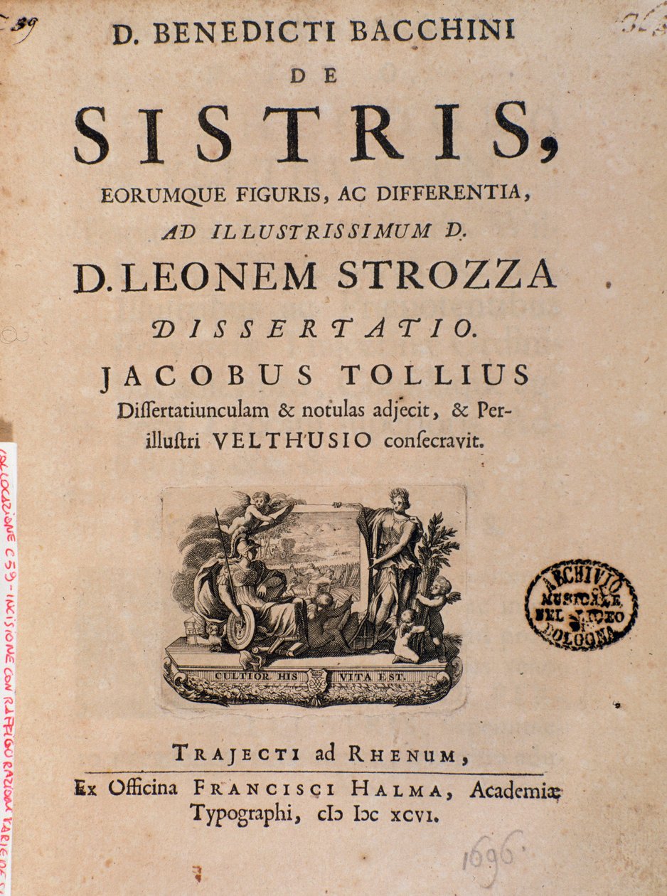 Frontispice de "De sistris" par Benedictus Bacchinius - Italian School