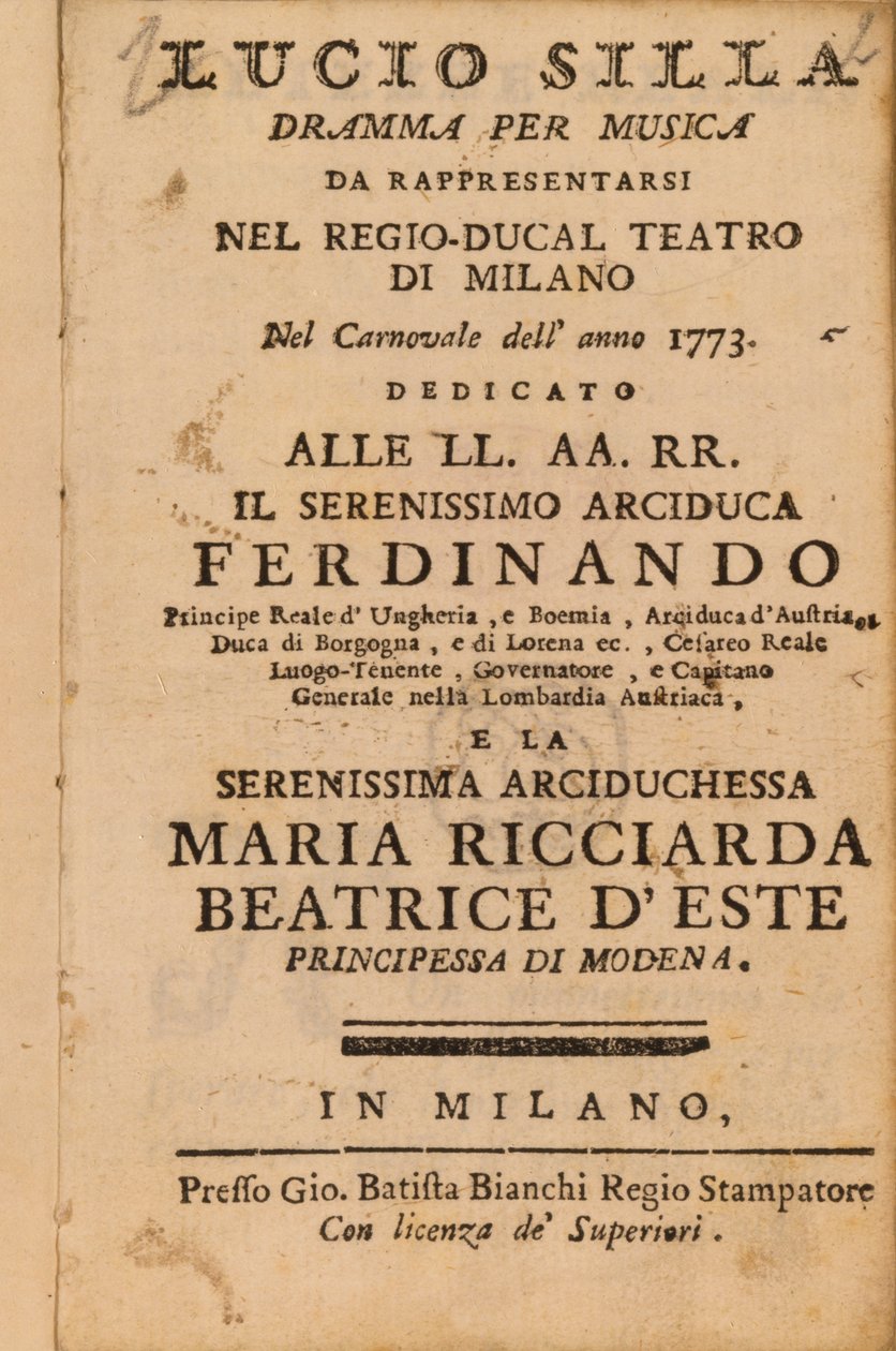 Frontispice de Lucio Silla de Mozart, joué à Milan en 1773 - Italian School