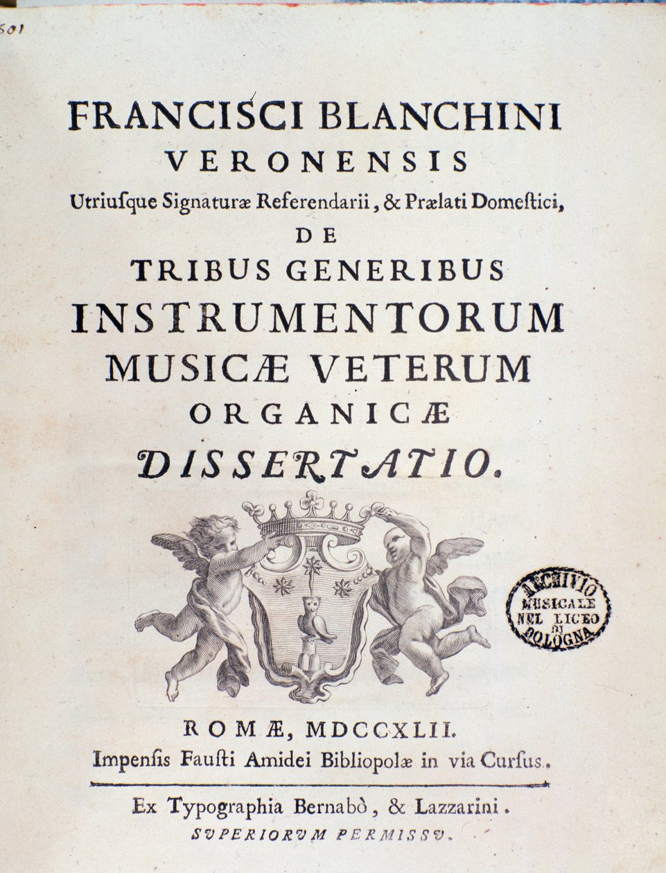 Frontispice de « de Tribus Generibus Instrumentorum Musicae Veterum », ouvrage sur les anciens instruments de musique par Francesco Bianchini - Italian School