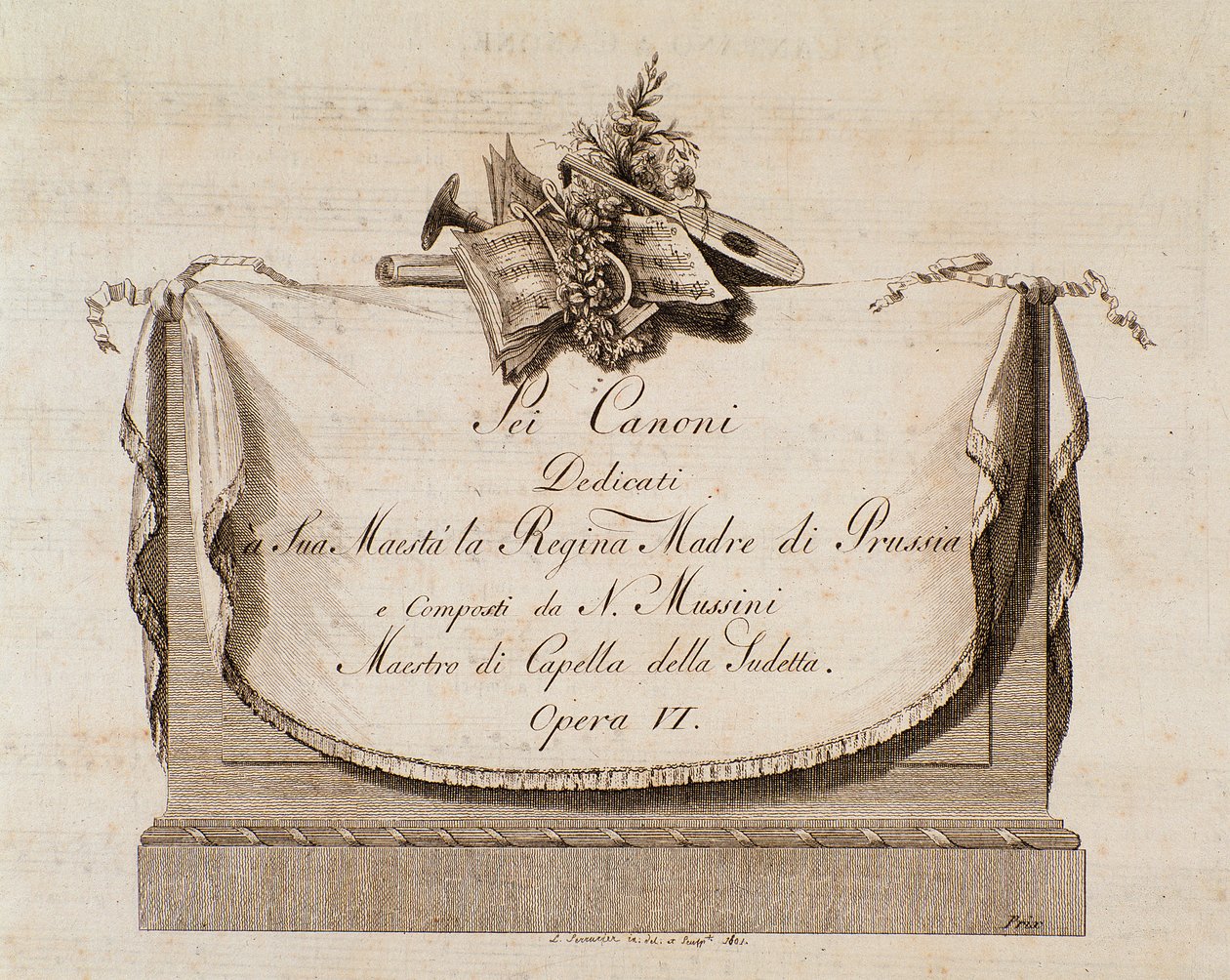 Frontispice de la partition musicale de Sei canoni par le compositeur italien Natale Mussini (1765-1837) dédié à la Reine de Prusse - Italian School