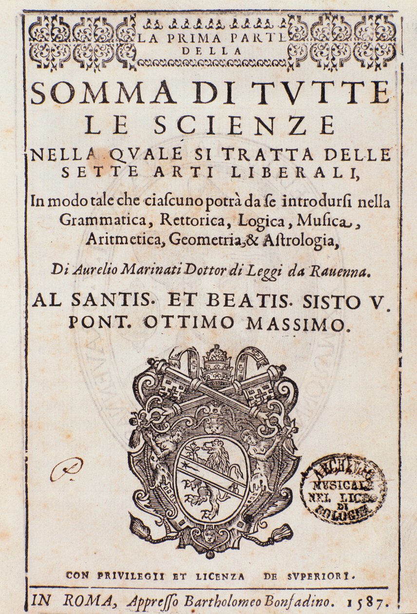 Frontispice tiré de Somma di tutte le scienze, essai sur les arts libéraux, par Aurelio Marinati - Italian School