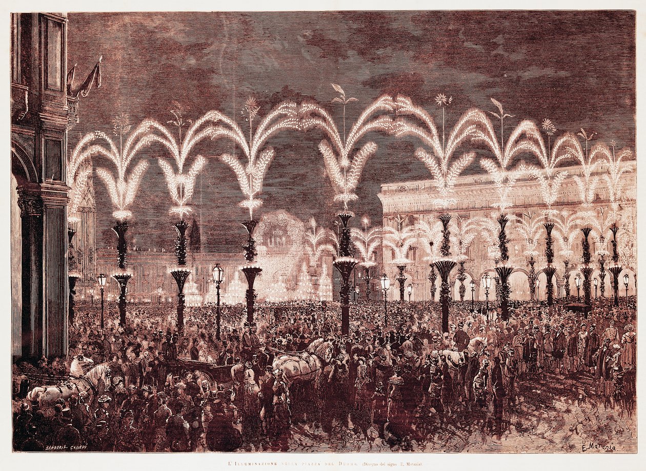 Éclairage au gaz sur la place de la Cathédrale à Milan - Italian School