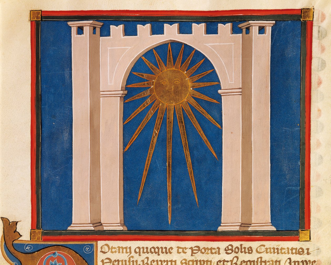 Porte du Soleil, miniature du Registre des Notaires de Pérouse, manuscrit, Italie, 14ème siècle - Italian School