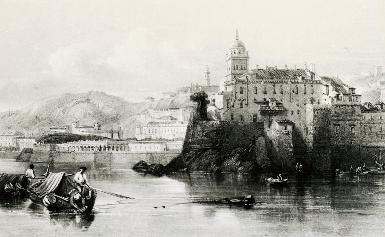 Mur de la marina de Gênes avec la Villa Doria Pamphili en arrière-plan, gravure, vers 1850, Italie - Italian School