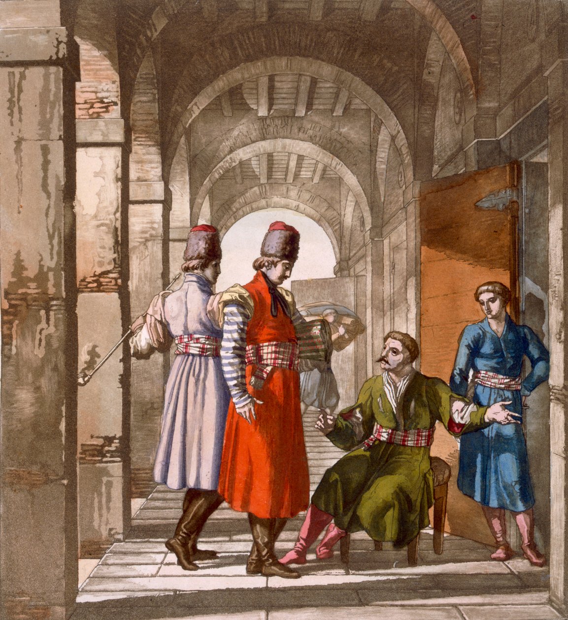 Hommes géorgiens discutant et fumant dans une arcade, vers 1820-1830 - Italian School