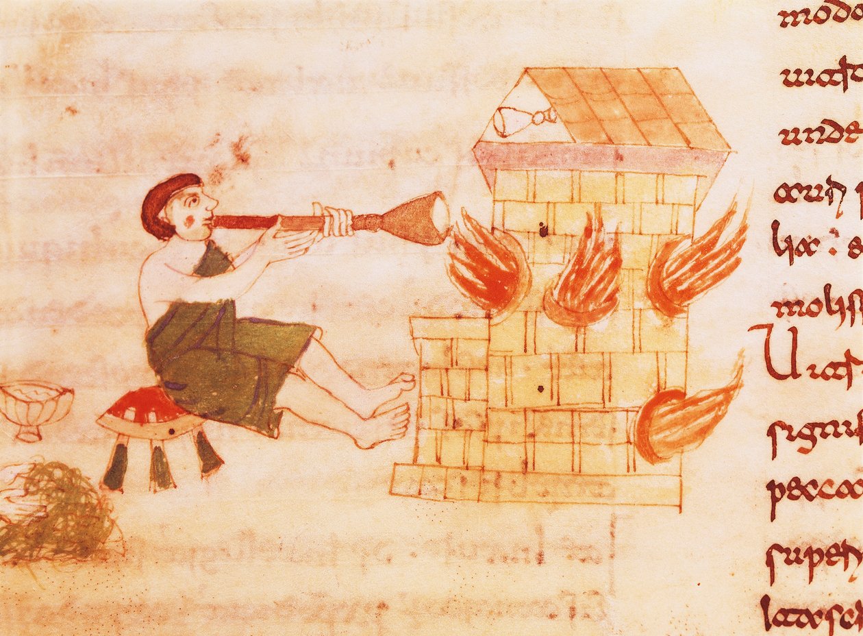 Souffleurs de verre, miniature de "De universo" par Rabano Mauro, manuscrit, Italie 11ème siècle - Italian School