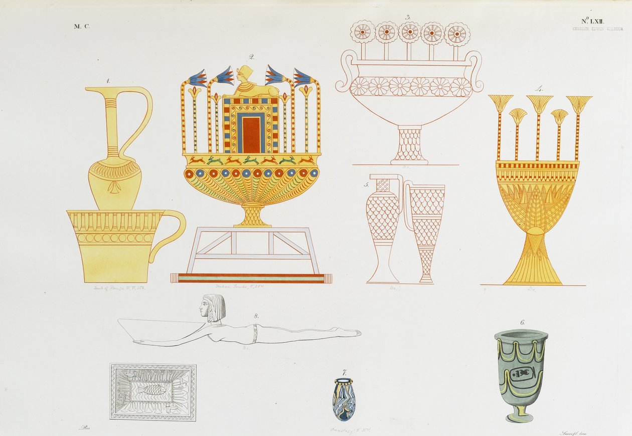 Vases en or et pots en verre de la tombe thébaine - Italian School