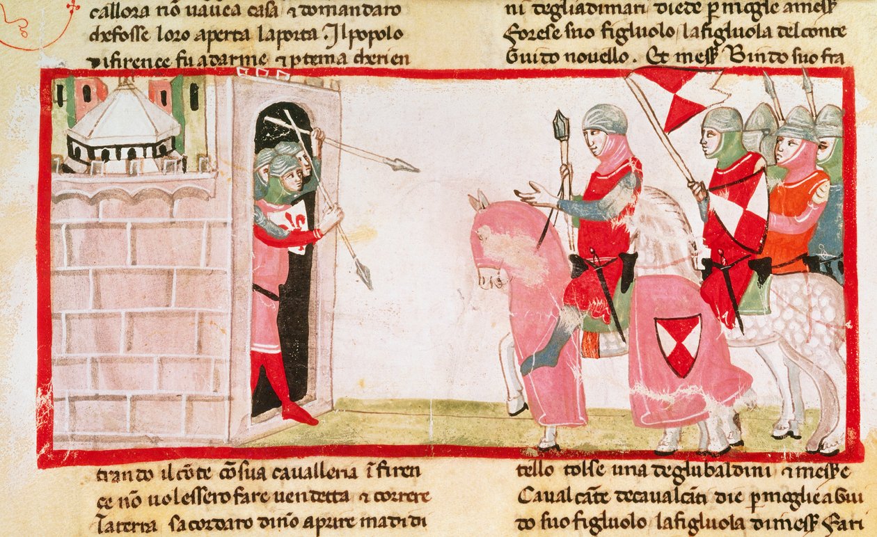 Les Guelfes empêchent les Gibelins de rentrer dans la ville, miniature de la Cronica par Giovanni Villani, manuscrit, Italie XIVe siècle - Italian School