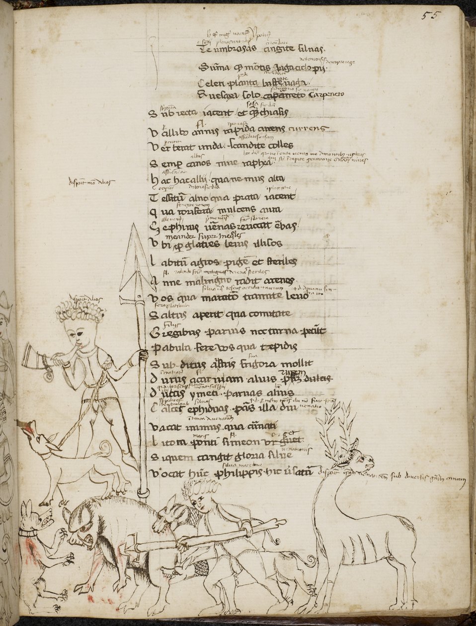 Scène de chasse avec un sanglier, un cerf, des chasseurs, des chiens et un lièvre, de 