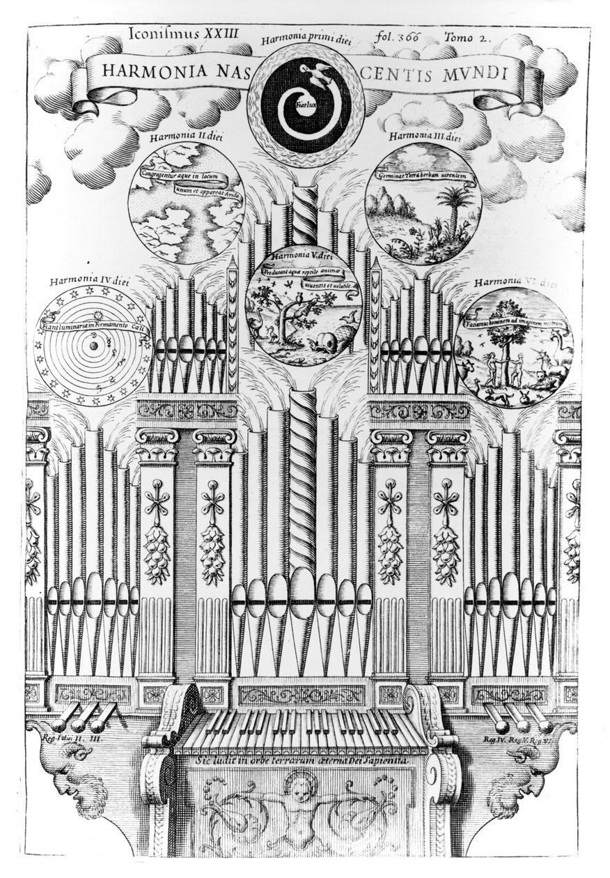 Harmonie de la naissance du monde (Harmonia Nascentis Mundi), illustration de Musurgia Universalis, Vol.2, fol.366, par Athanasius Kircher, publié à Rome, 1650 - Italian School