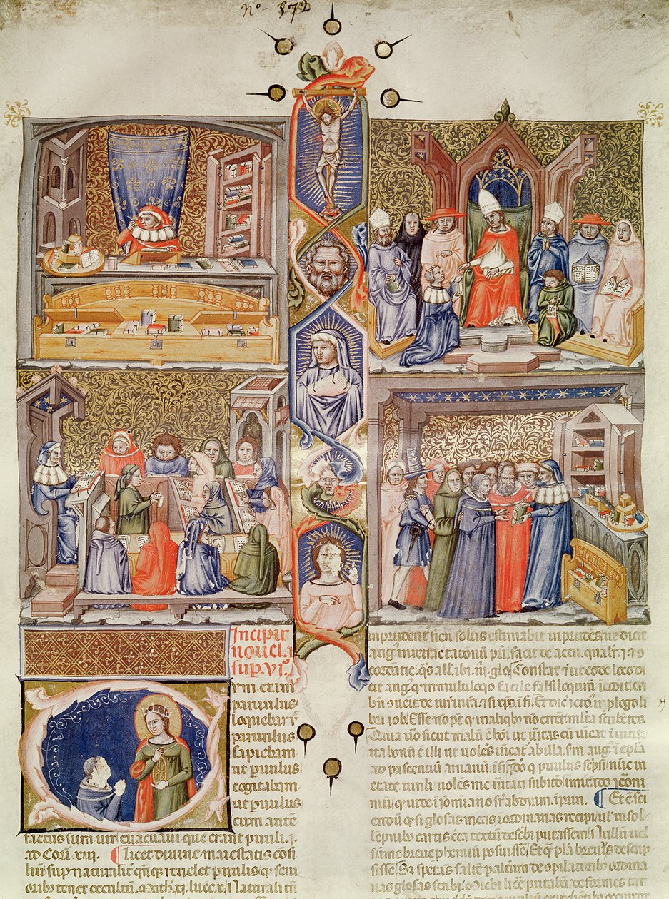 Enluminure divisée en quatre scènes : Un juriste à sa table ; Un pape recevant un livre ; Une leçon dans un collège de droit ; Une librairie, avec une lettrine historiée représentant Sainte Catherine et un or - Italian School