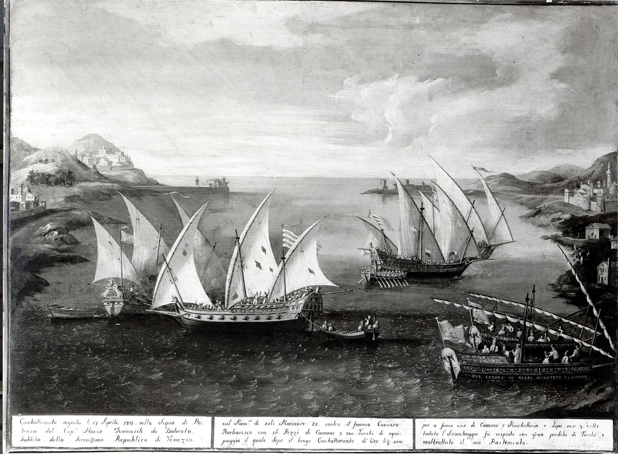 Incident au large de Patras entre le capitaine vénitien Ivanovich da Dabrota et le pirate turc Barberousse, 17 avril 1751 - Italian School
