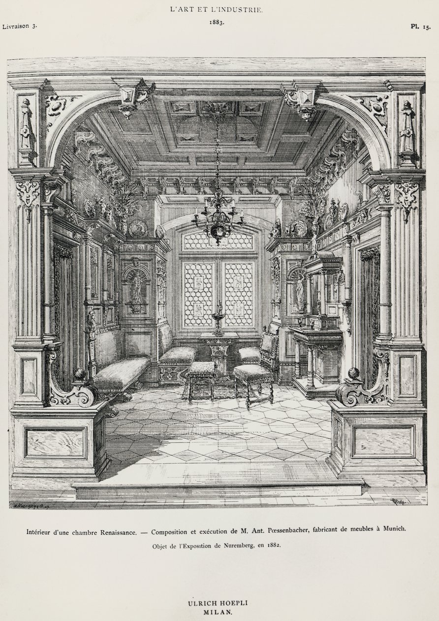 Intérieur de chambre de style néo-Renaissance par Possenbacher, Monaco, illustration de L