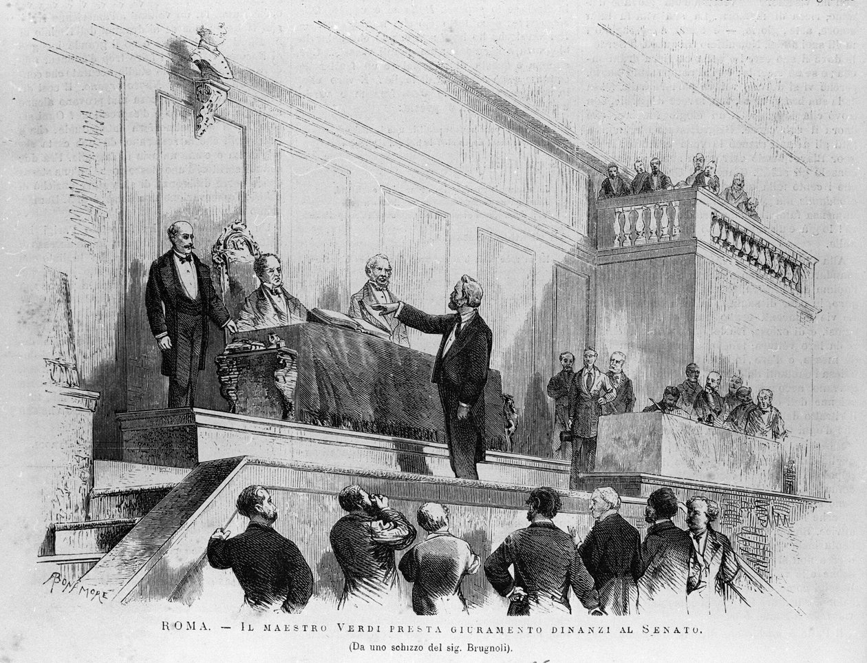 Le compositeur italien Giuseppe Verdi (1813-1901) nommé sénateur au Sénat en 1874, Rome. Gravure de 1875. - Italian School