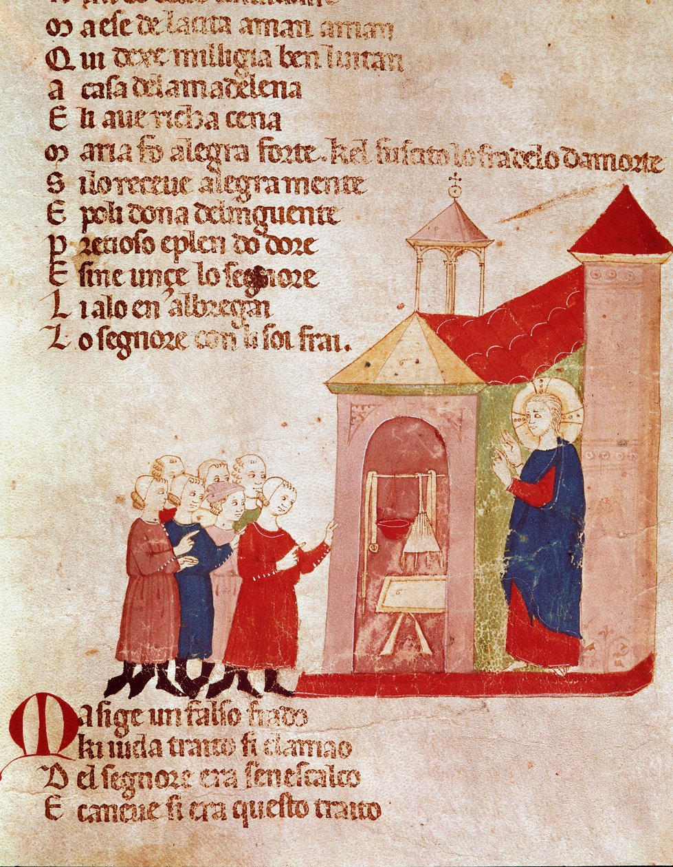 Jésus chez Marie Madeleine Miniature de « Del novo e del vedre testamento » par Pietro da Barsegape - Italian School