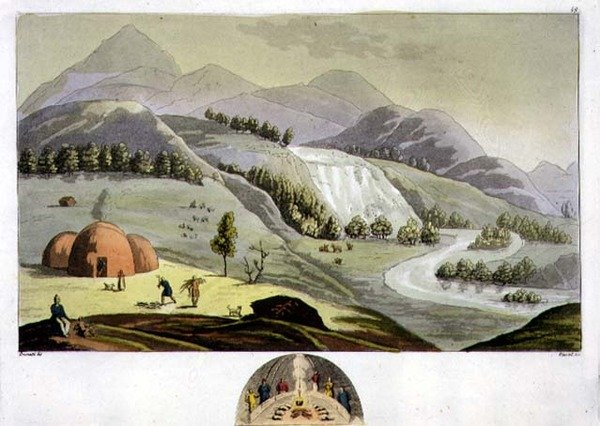 Paysage lappon avec une habitation de pêcheur et une coupe transversale de cette hutte, planche 49 de 